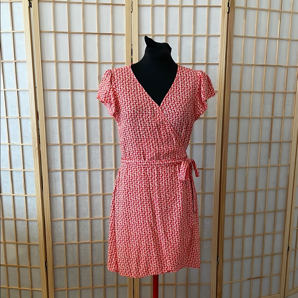 Aerie Red and White Mini Wrap Dress with V-Neck